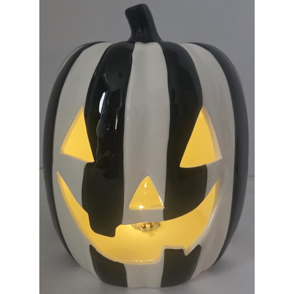 Jack O Lantern Lane Light Up Pumpkin 8.5 Inch Black White Striped Halloween